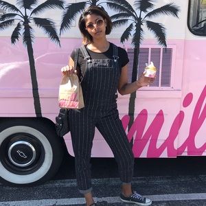Vintage wash black jean w/ white stripes overalls